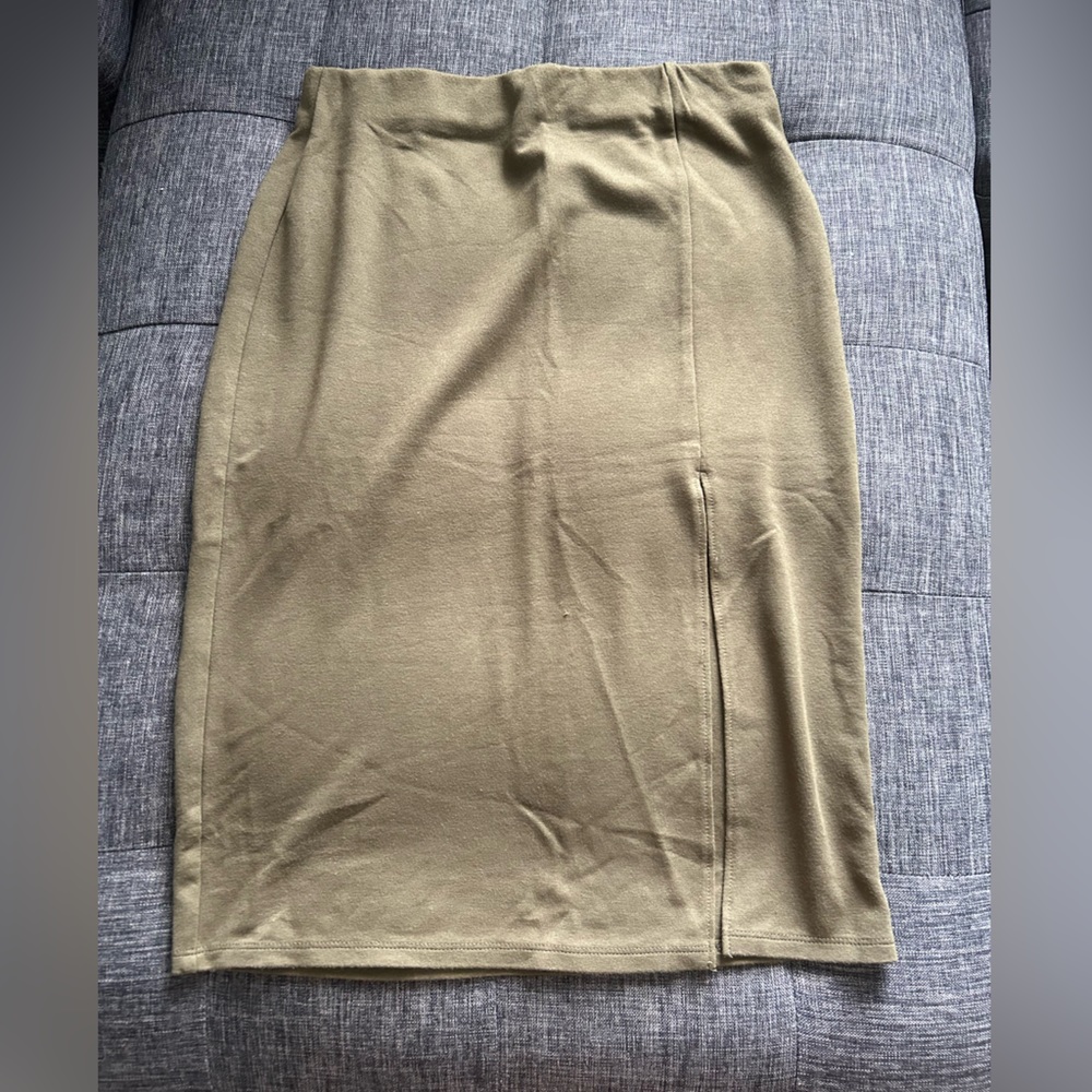 Forever 21 Olive Green Midi Skirt with Slit (Medium)